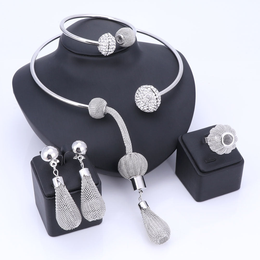 Gold Color and Silver Color Weaved Sac Necklace, Bracelet, Earrings & Ring Jewelry Set-Jewelry Sets-Innovato Design-Silver-Innovato Design