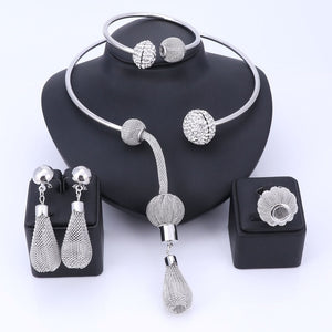 Gold Color and Silver Color Weaved Sac Necklace, Bracelet, Earrings & Ring Jewelry Set-Jewelry Sets-Innovato Design-Silver-Innovato Design