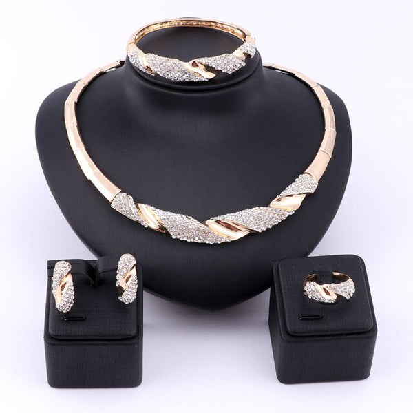 Twisted Gold/Silver-Plated Crystal Necklace, Bracelet, Earrings & Ring Wedding Jewelry Set