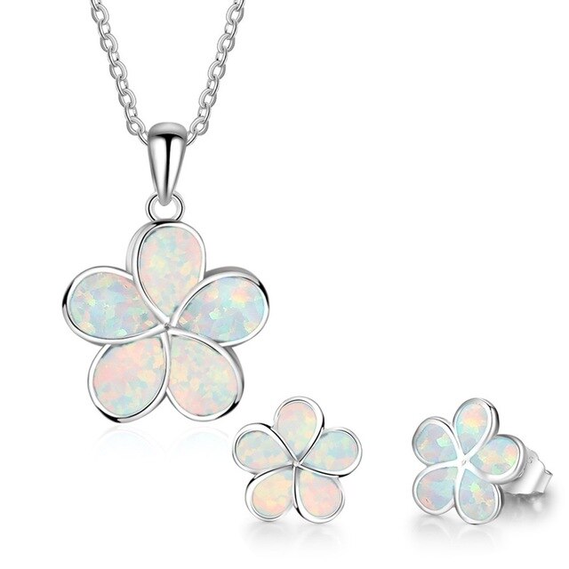 Cute Sakura Fire Opal Necklace & Stud Earrings Trendy Fashion Jewelry Set-Jewelry Sets-Innovato Design-White-Innovato Design