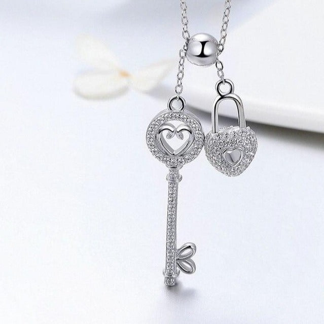 "The Key of Heart Lock" 925 Sterling Silver Fashion Pendant Necklace-Necklaces-Innovato Design-Innovato Design