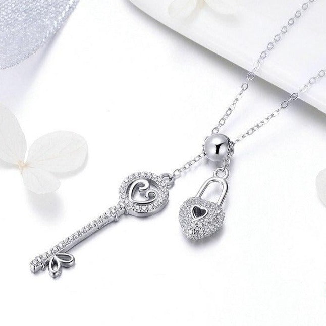 "The Key of Heart Lock" 925 Sterling Silver Fashion Pendant Necklace-Necklaces-Innovato Design-Innovato Design