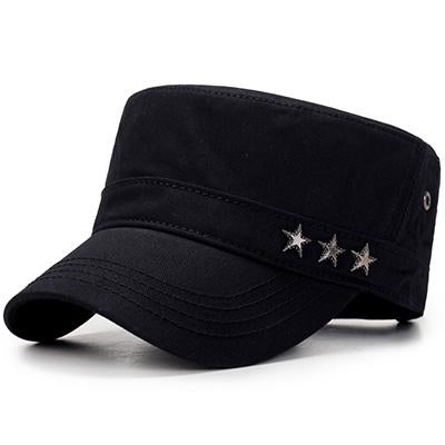Casual Buckled Adjustable Snapback Cadet Patrol Military Hat with Three Stars Emblem-Hats-Innovato Design-Black-Innovato Design