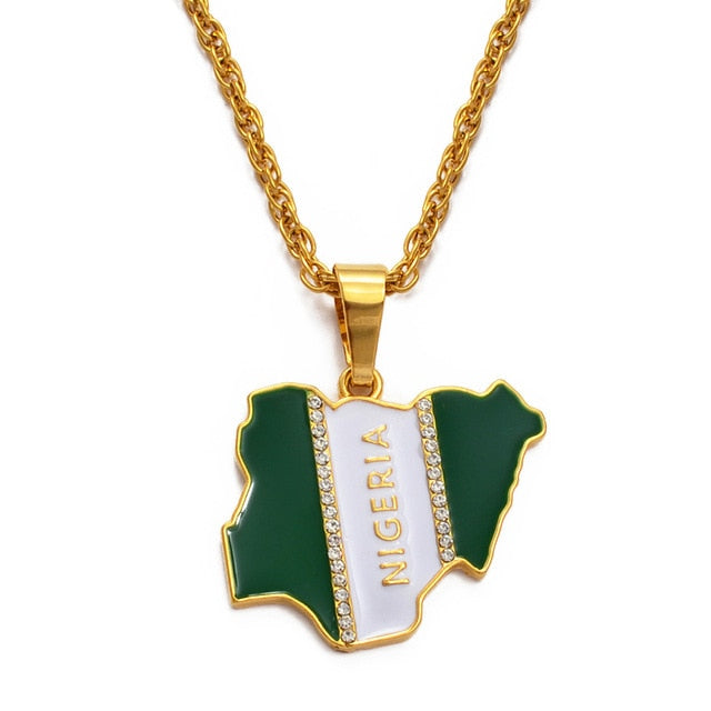 Gold/Silver-Plated Nigeria Map Flag Rhinestone Pendant Necklace-Necklaces-Innovato Design-Innovato Design