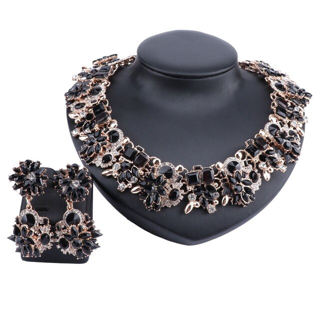 Vintage Chunky Chain Crystal and Rhinestone Necklace & Earrings Wedding Jewelry Set-Jewelry Sets-Innovato Design-Black-Innovato Design