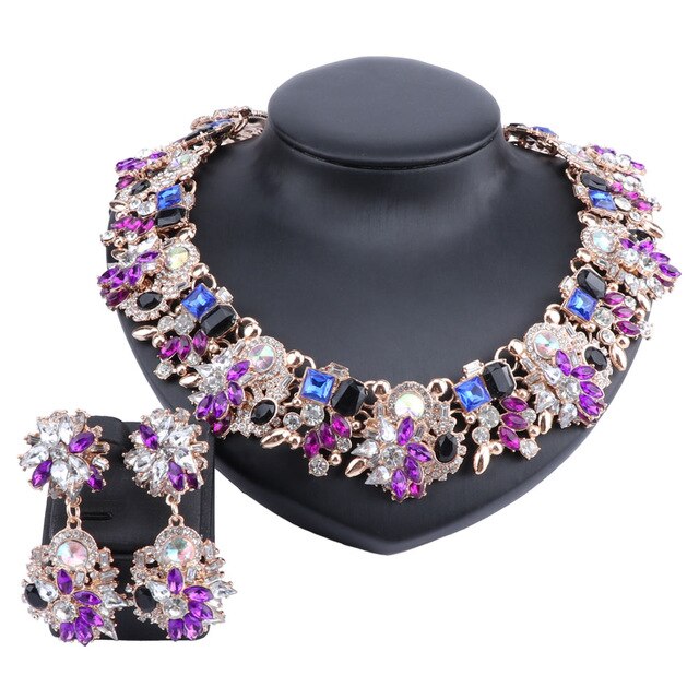 Vintage Chunky Chain Crystal and Rhinestone Necklace & Earrings Wedding Jewelry Set-Jewelry Sets-Innovato Design-Purple-Innovato Design