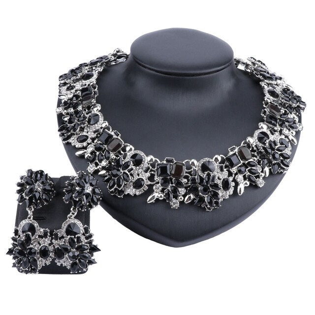 Vintage Chunky Chain Crystal and Rhinestone Necklace & Earrings Wedding Jewelry Set-Jewelry Sets-Innovato Design-Silver Black-Innovato Design