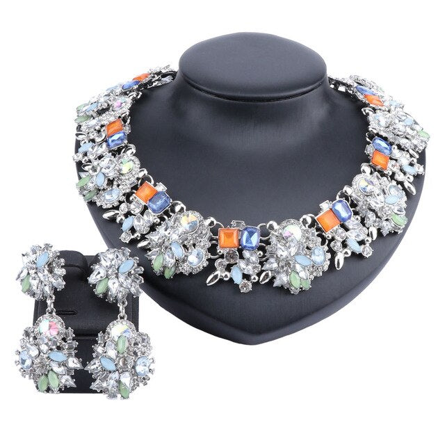 Vintage Chunky Chain Crystal and Rhinestone Necklace & Earrings Wedding Jewelry Set-Jewelry Sets-Innovato Design-Silver Colorful-Innovato Design