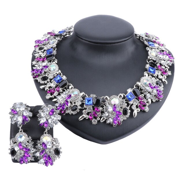 Vintage Chunky Chain Crystal and Rhinestone Necklace & Earrings Wedding Jewelry Set-Jewelry Sets-Innovato Design-Silver Purple-Innovato Design