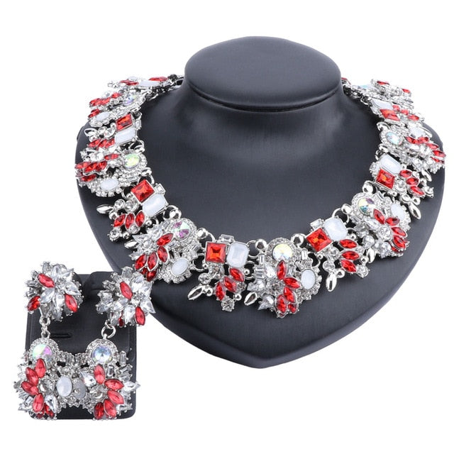 Vintage Chunky Chain Crystal and Rhinestone Necklace & Earrings Wedding Jewelry Set-Jewelry Sets-Innovato Design-Silver Red-Innovato Design