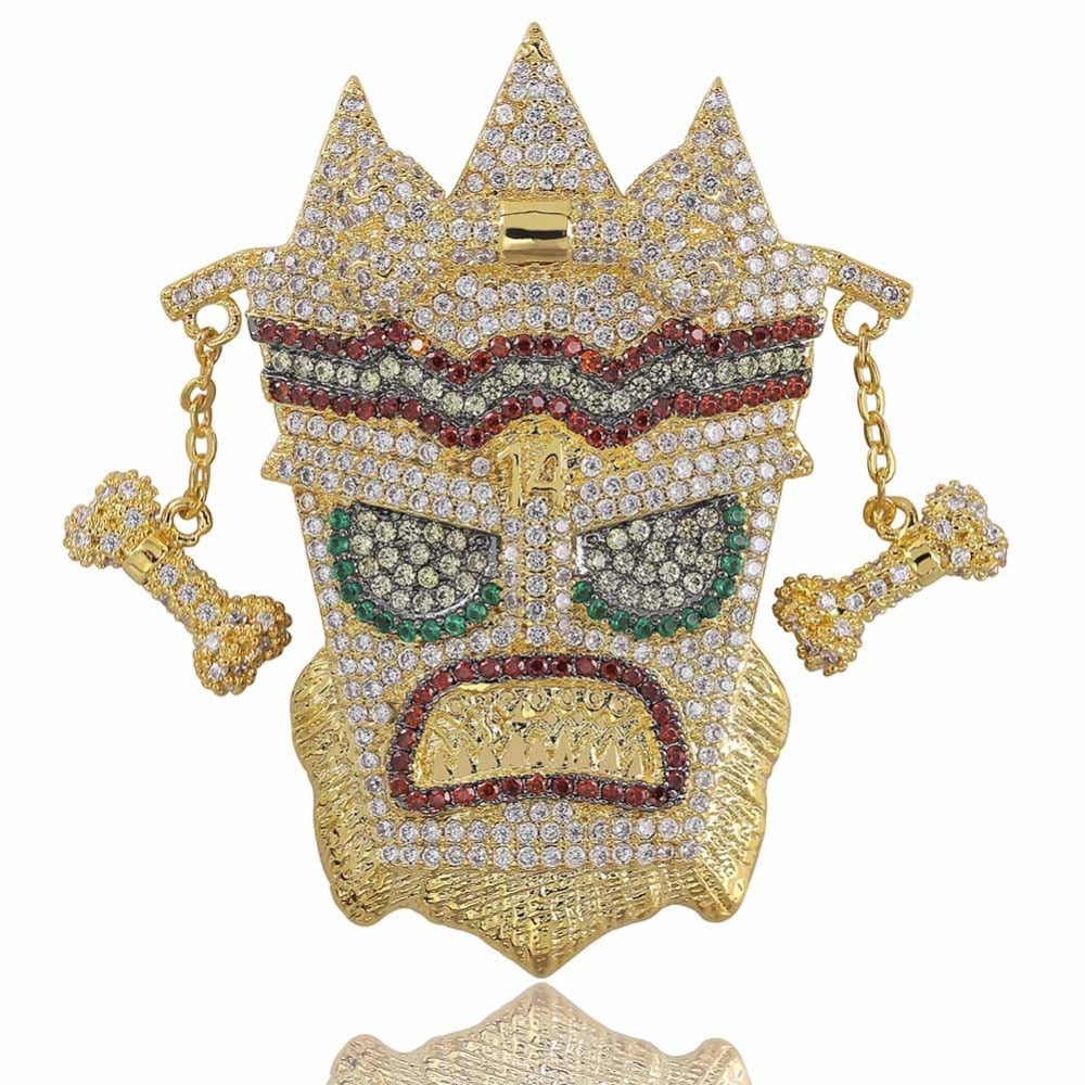 Uka Uka Mask Cubic Zirconia Gold-Plated Stainless Steel Hip-Hop Pendant Necklace-Necklace-Innovato Design-Gold-Cuban Chain-30 inch-Innovato Design