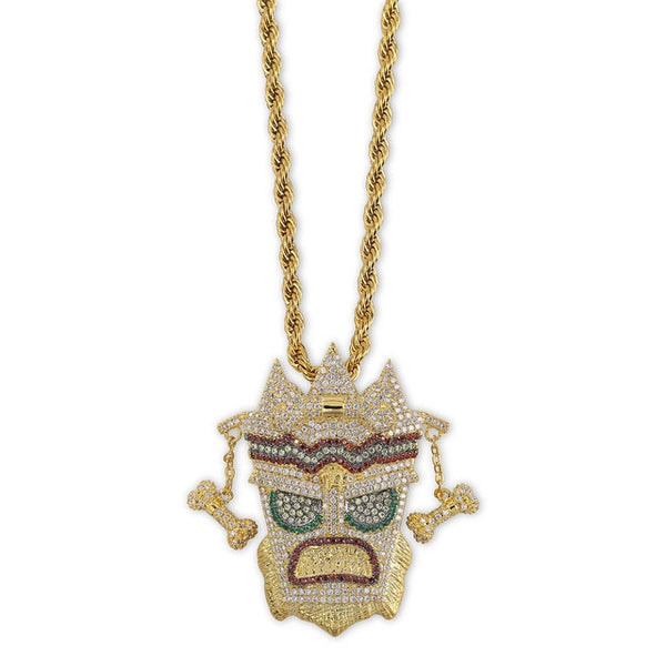 Uka Uka Mask Cubic Zirconia Gold-Plated Stainless Steel Hip-Hop Pendant Necklace-Necklace-Innovato Design-Gold-Cuban Chain-30 inch-Innovato Design