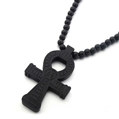 Wood Round Beads and Handmade Elastic Africa Egyptian Ankh Vintage Hip-Hop Necklace-Necklaces-Innovato Design-Black-Innovato Design
