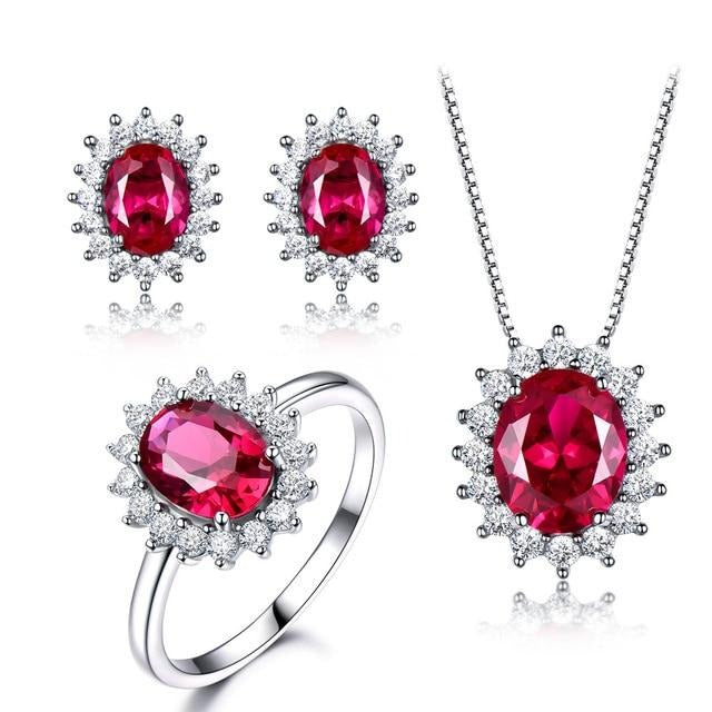 Nano Blue Sapphire and Cubic Zirconia 925 Sterling Silver Pendant, Stud Earrings & Ring Jewelry Set-Jewelry Sets-Innovato Design-Ruby-5-Innovato Design
