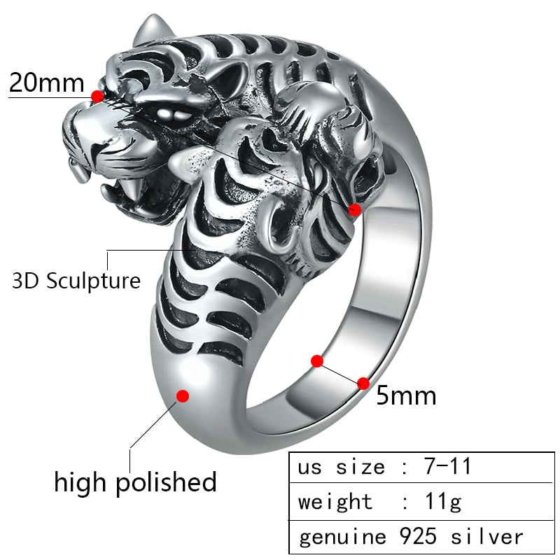 Gothic Two Black Tiger Heads 925 Sterling Silver Vintage Ring-Rings-Innovato Design-Innovato Design