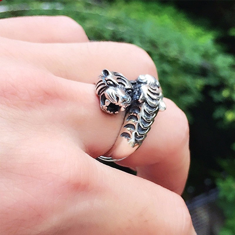 Gothic Two Black Tiger Heads 925 Sterling Silver Vintage Ring-Rings-Innovato Design-Innovato Design