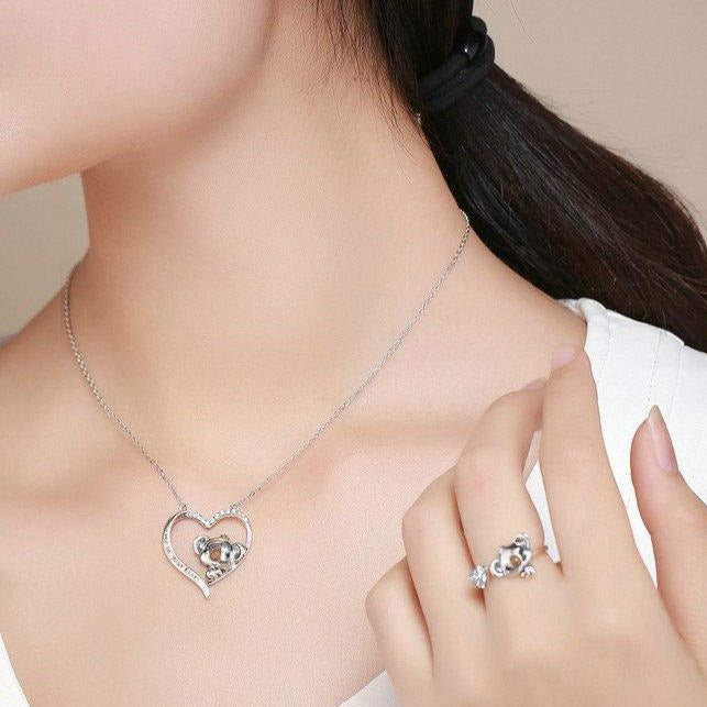 Cute Koala Bear and Cubic Zirconia Heart 925 Sterling Silver Necklace, Earrings & Ring Jewelry Set-Jewelry Sets-Innovato Design-Innovato Design