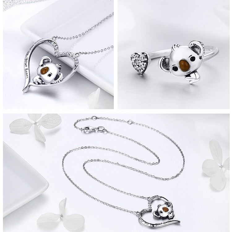 Cute Koala Bear and Cubic Zirconia Heart 925 Sterling Silver Necklace, Earrings & Ring Jewelry Set-Jewelry Sets-Innovato Design-Innovato Design