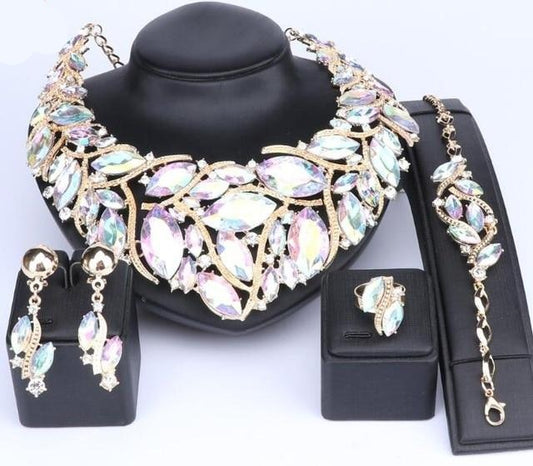 Bohemia Crystal Necklace, Bracelet, Earrings & Ring Wedding Statement Jewelry Set-Jewelry Sets-Innovato Design-Gold Abalone-Innovato Design