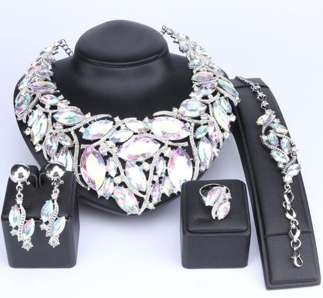 Bohemia Crystal Necklace, Bracelet, Earrings & Ring Wedding Statement Jewelry Set-Jewelry Sets-Innovato Design-Silver Abalone-Innovato Design