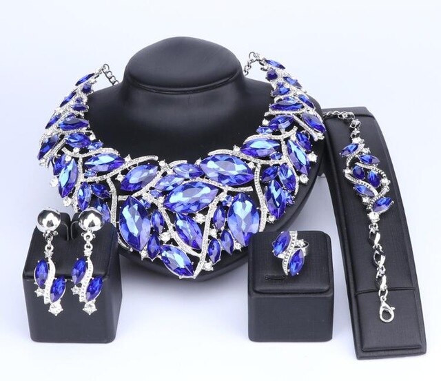 Bohemia Crystal Necklace, Bracelet, Earrings & Ring Wedding Statement Jewelry Set-Jewelry Sets-Innovato Design-Silver Blue-Innovato Design