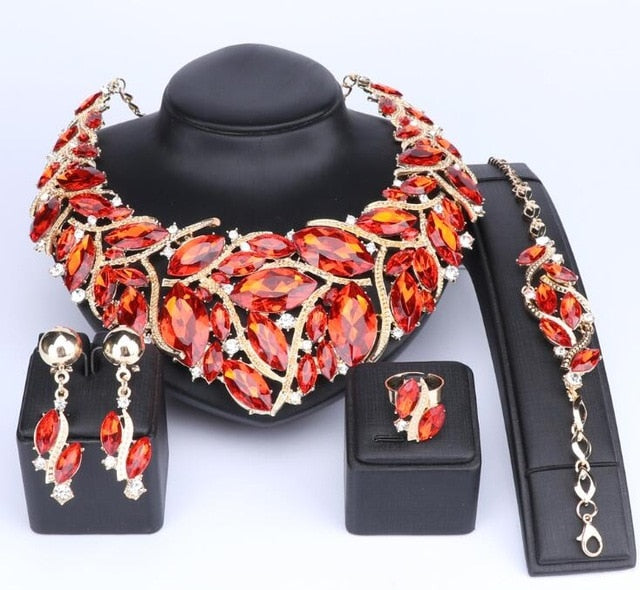 Bohemia Crystal Necklace, Bracelet, Earrings & Ring Wedding Statement Jewelry Set-Jewelry Sets-Innovato Design-Gold Red-Innovato Design