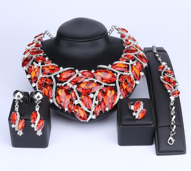 Bohemia Crystal Necklace, Bracelet, Earrings & Ring Wedding Statement Jewelry Set-Jewelry Sets-Innovato Design-Silver Red-Innovato Design