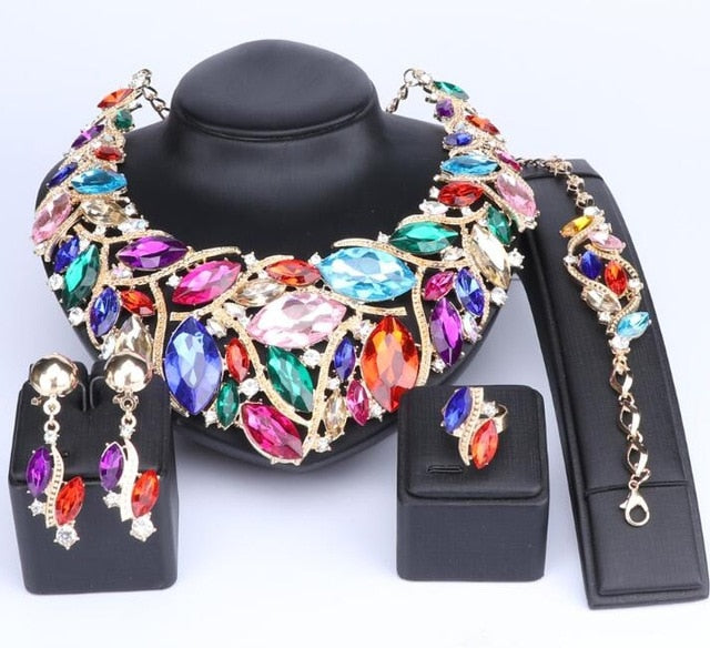 Bohemia Crystal Necklace, Bracelet, Earrings & Ring Wedding Statement Jewelry Set-Jewelry Sets-Innovato Design-Gold Multicolors-Innovato Design