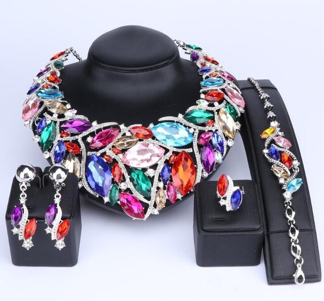 Bohemia Crystal Necklace, Bracelet, Earrings & Ring Wedding Statement Jewelry Set-Jewelry Sets-Innovato Design-Silver Multicolors-Innovato Design