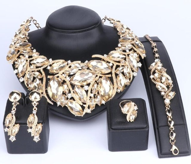 Bohemia Crystal Necklace, Bracelet, Earrings & Ring Wedding Statement Jewelry Set-Jewelry Sets-Innovato Design-Champagne-Innovato Design