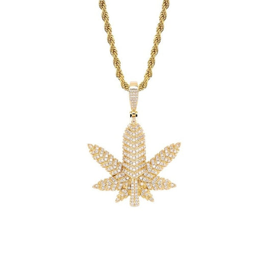 Maple Leaf Cubic Zirconia Hip-Hop Pendant Necklace-Necklaces-Innovato Design-Gold-Rope Chain-24inch-Innovato Design