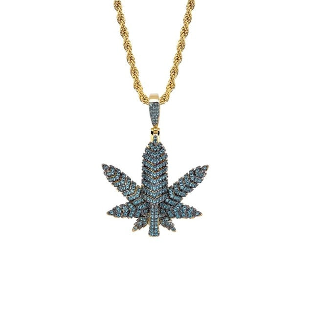 Maple Leaf Cubic Zirconia Hip-Hop Pendant Necklace-Necklaces-Innovato Design-Green-Tennis Chain-18inch-Innovato Design