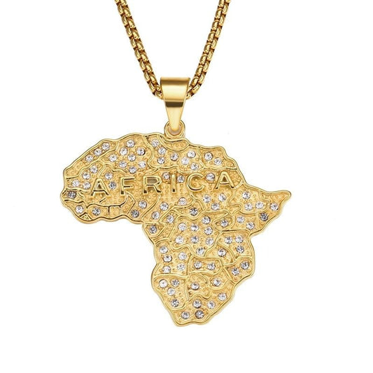 Cubic Zirconia Studded Africa Map Bling Stainless Steel Hip-hop Pendant Necklace-Necklaces-Innovato Design-Innovato Design
