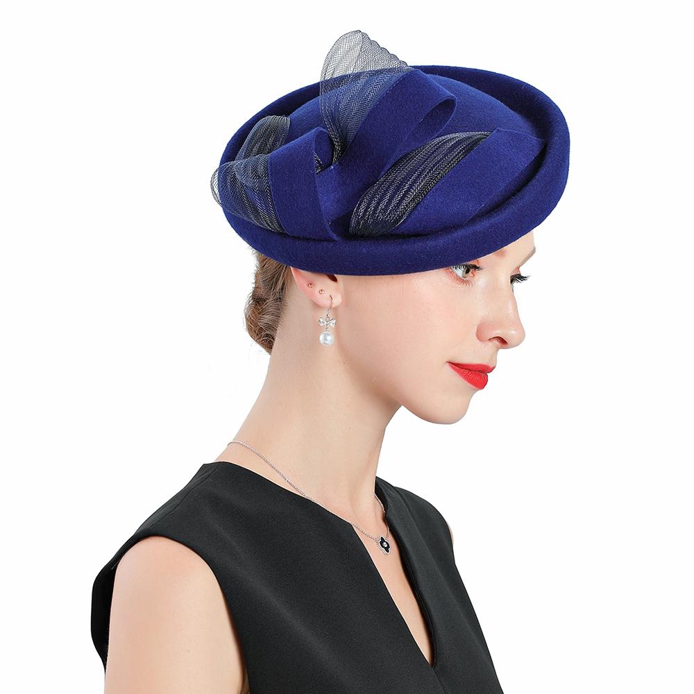 Vintage Blue Wool Pillbox Fascinator Hat with Sinamay Bow-Hats-Innovato Design-Innovato Design