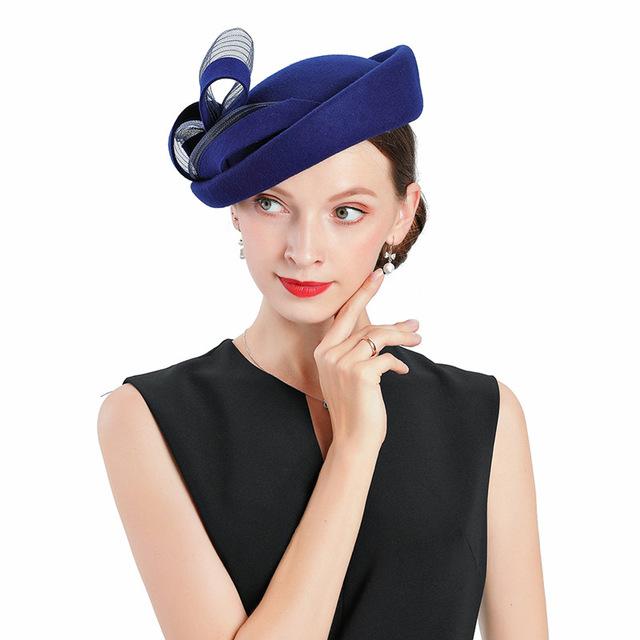 Vintage Blue Wool Pillbox Fascinator Hat with Sinamay Bow-Hats-Innovato Design-Innovato Design