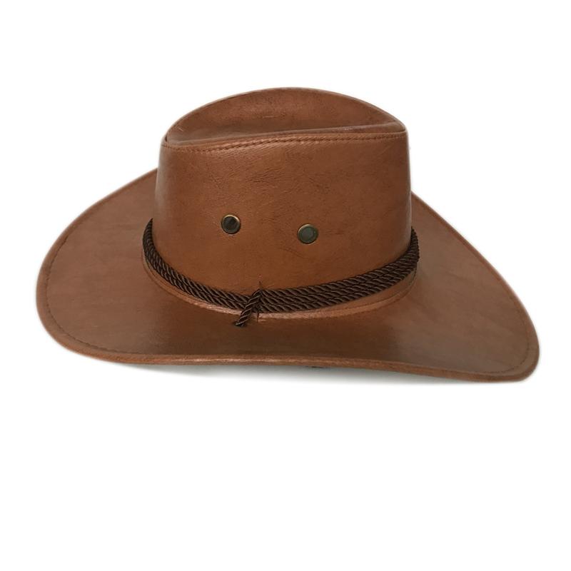 Faux Leather Cowboy Hat with Twisted Rope Band and Adjustable Strap-Hats-Innovato Design-Khaki-Innovato Design