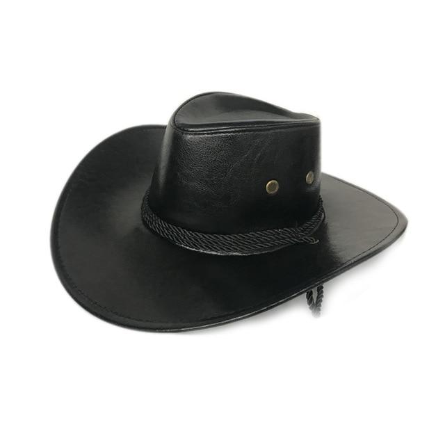 Faux Leather Cowboy Hat with Twisted Rope Band and Adjustable Strap-Hats-Innovato Design-Black-Innovato Design