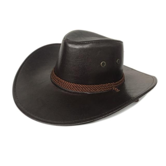 Faux Leather Cowboy Hat with Twisted Rope Band and Adjustable Strap-Hats-Innovato Design-Brown-Innovato Design
