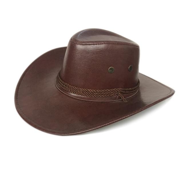 Faux Leather Cowboy Hat with Twisted Rope Band and Adjustable Strap-Hats-Innovato Design-Coffee-Innovato Design