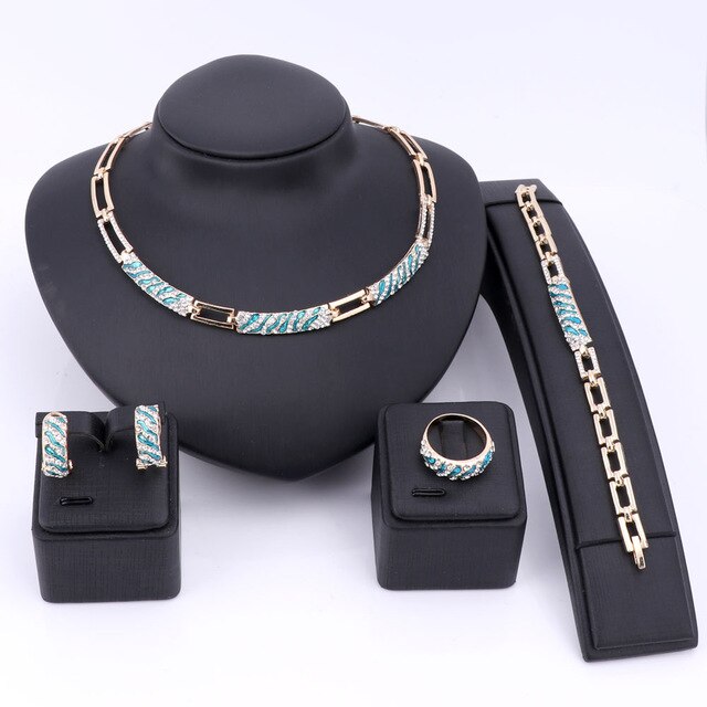 Cubic Zirconia and Crystal Enamel Necklace, Bracelet, Earrings & Ring Jewelry Set-Jewelry Sets-Innovato Design-Blue-Innovato Design