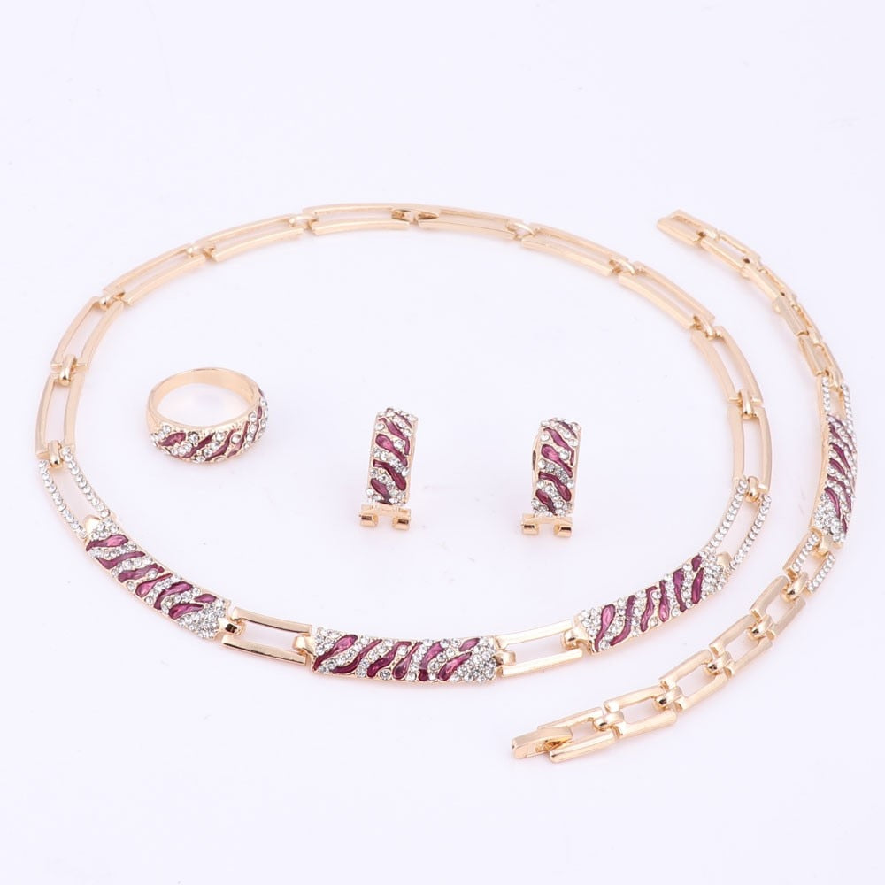 Cubic Zirconia and Crystal Enamel Necklace, Bracelet, Earrings & Ring Jewelry Set-Jewelry Sets-Innovato Design-Blue-Innovato Design