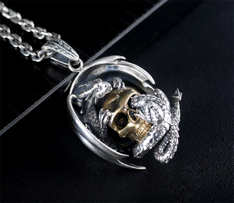 Gold-Plated Skull and Dragon 925 Sterling Silver Vintage Punk Rock Biker Pendant Necklace-Gothic Necklaces-Innovato Design-Innovato Design