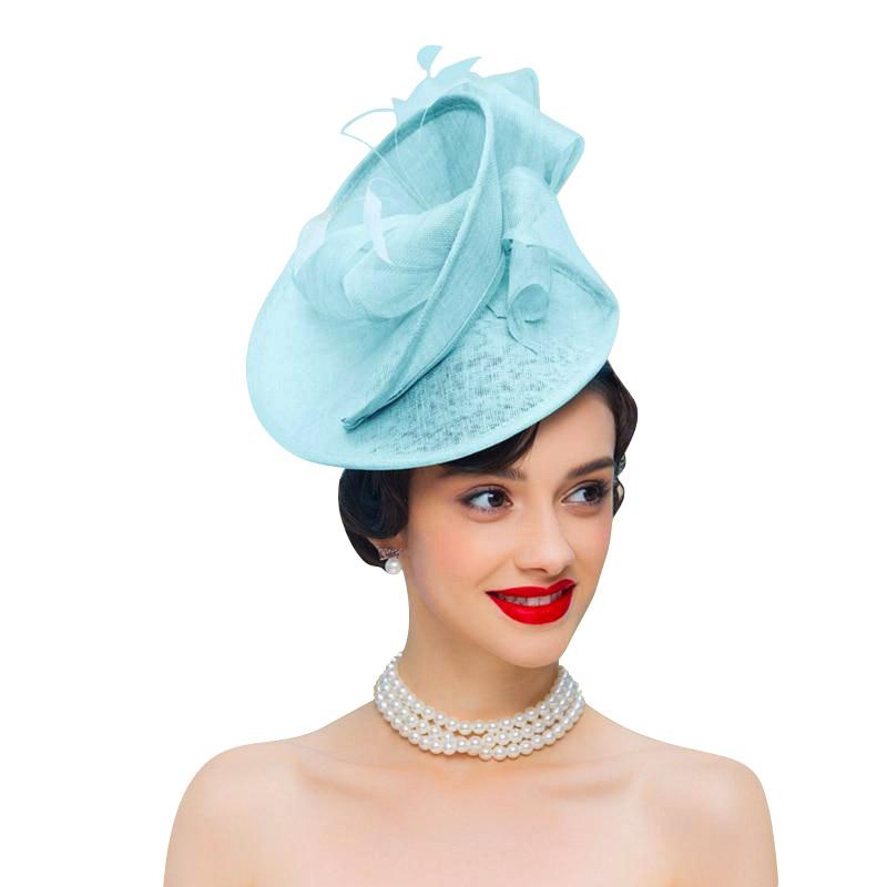 Vintage Flower Headband Sinamay Pillbox Fascinator Hat with Feathers-Hats-Innovato Design-Blue-Innovato Design