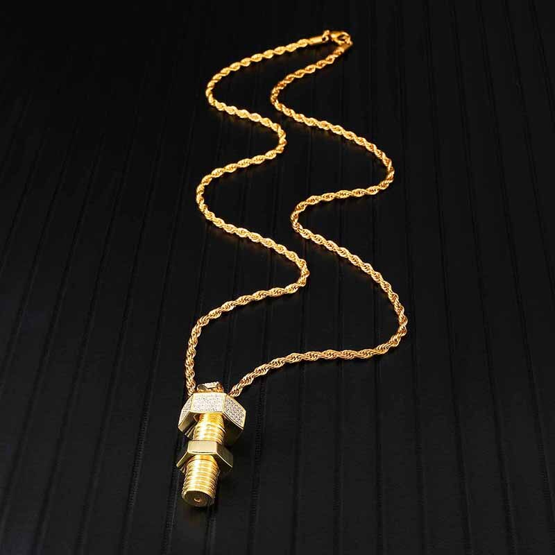 Rhinestone-Studded Gold-Plated Bolt and Screw Bling Hip-hop Pendant Necklace-Necklaces-Innovato Design-Innovato Design