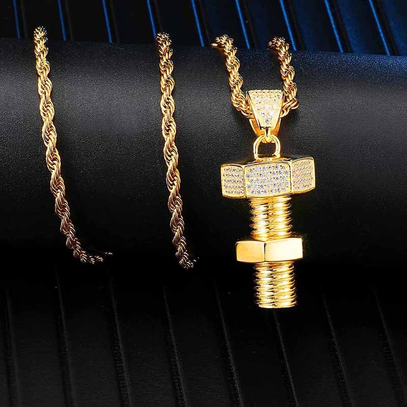 Rhinestone-Studded Gold-Plated Bolt and Screw Bling Hip-hop Pendant Necklace-Necklaces-Innovato Design-Innovato Design