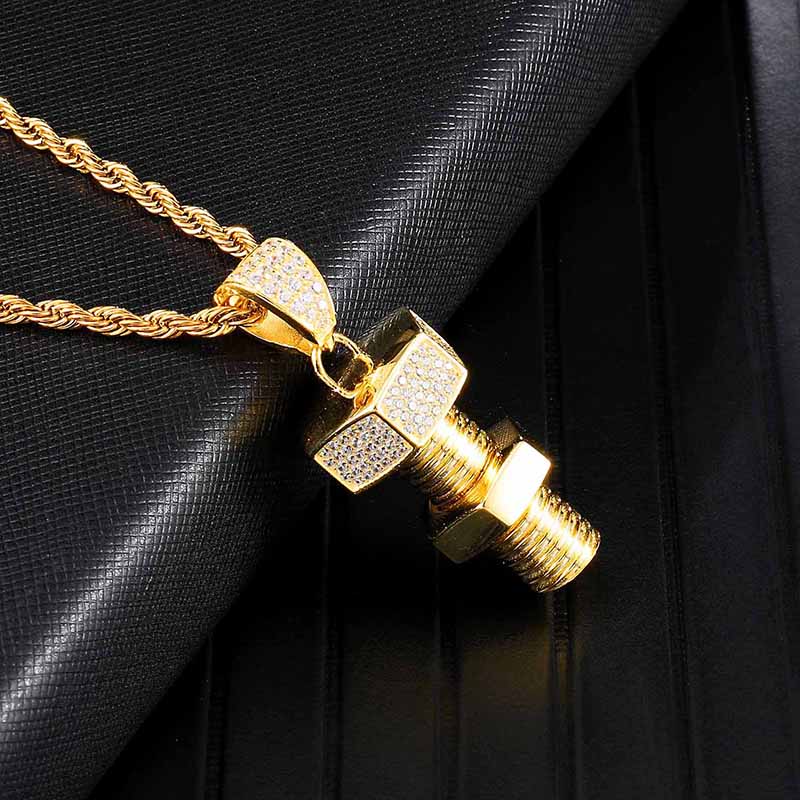 Rhinestone-Studded Gold-Plated Bolt and Screw Bling Hip-hop Pendant Necklace-Necklaces-Innovato Design-Innovato Design
