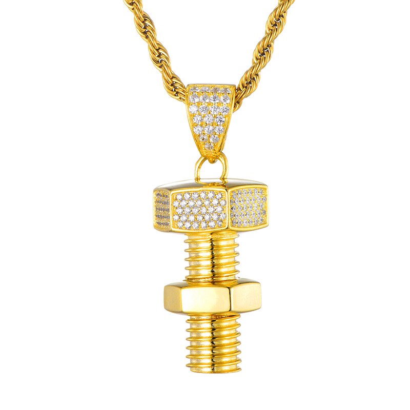Rhinestone-Studded Gold-Plated Bolt and Screw Bling Hip-hop Pendant Necklace-Necklaces-Innovato Design-Innovato Design