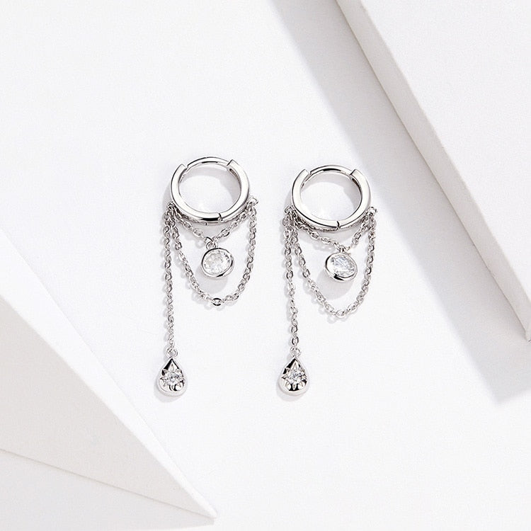 Round Geometric Chain Cubic Zirconia Water Drop Sterling Silver Fashion Dangle Earrings-Earrings-Innovato Design-Innovato Design