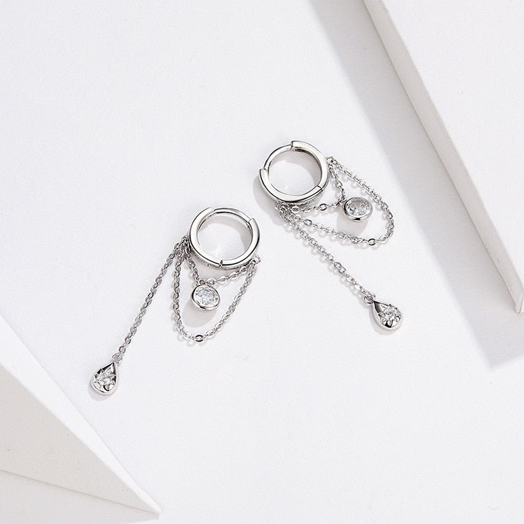 Round Geometric Chain Cubic Zirconia Water Drop Sterling Silver Fashion Dangle Earrings-Earrings-Innovato Design-Innovato Design