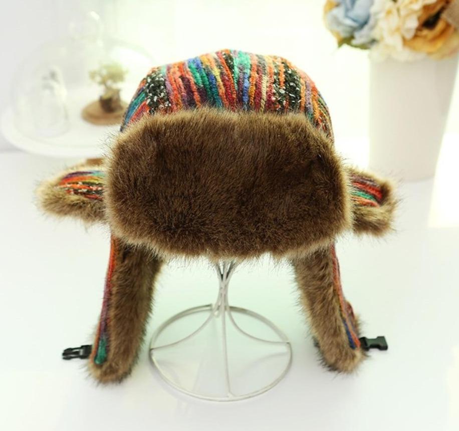 Thick Warm Multicolored Fur Bomber Hat with Earflaps-Hats-Innovato Design-Innovato Design